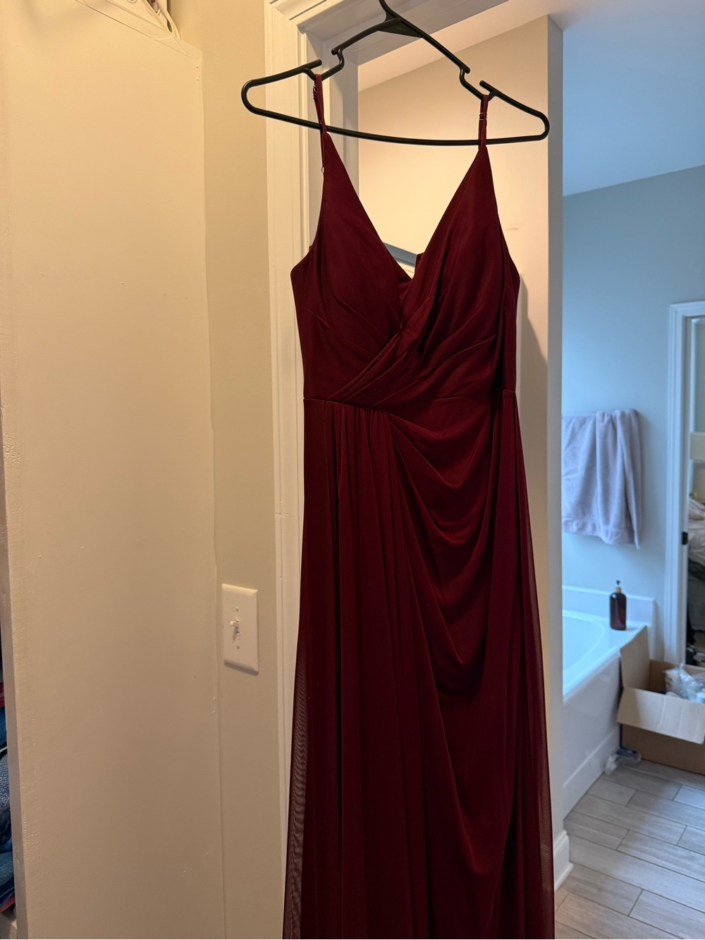 Azazie Deep Burgundy Draped V-Neck Maxi Dress